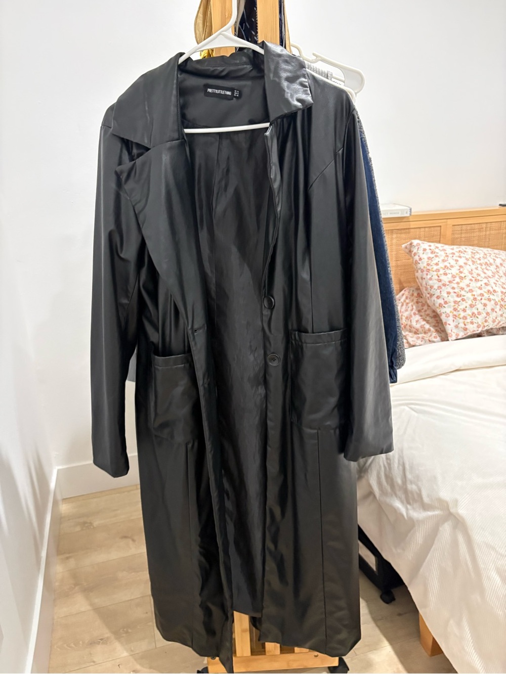 PrettyLittleThing Black Faux Leather Longline Trench